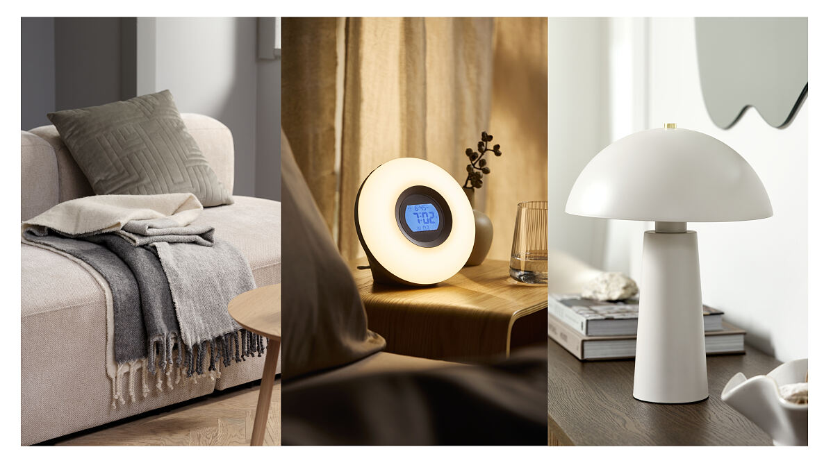 Tageslichtwecker EVALD, Wolldecke LUNDKARSE, Tischlampe MARKUS 