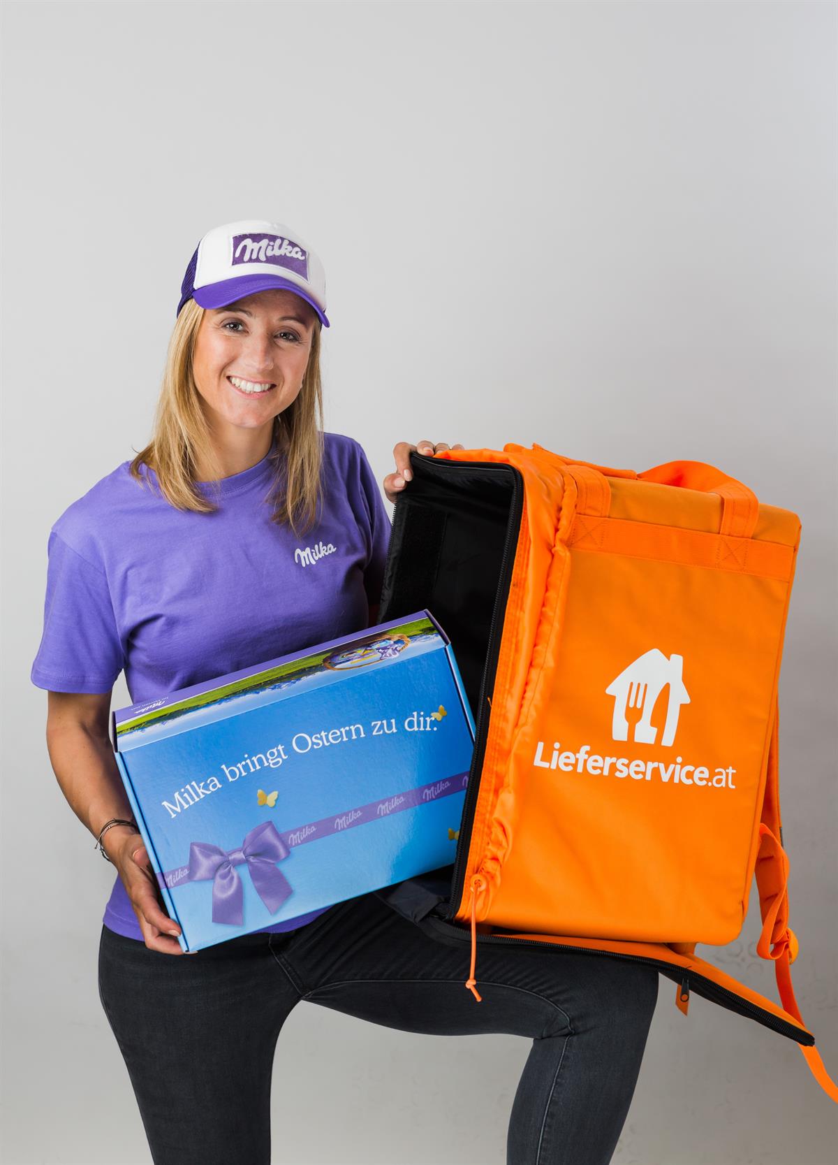Michi Kirchgasser mit Milka und lieferservice.at