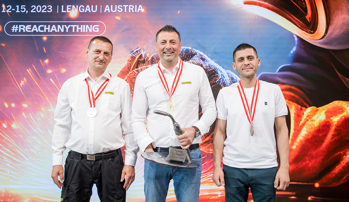 Die Gewinner des ersten PALFINGER Weld Cup. (v.l.n.r.) 2. Platz Dejan Gavranović, Maribor; 1. Platz Damir Smajlovic, Lengau; 3. Platz Rumen Ivanov, Cherven Bryag. 