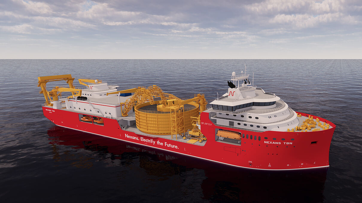 PALFINGER has been selected to equip the updated version of the DP3 cable laying vessel Nexans Aurora, one of the most advanced cable laying vessels in the world, as shown in this rendering. © Skipsteknisk