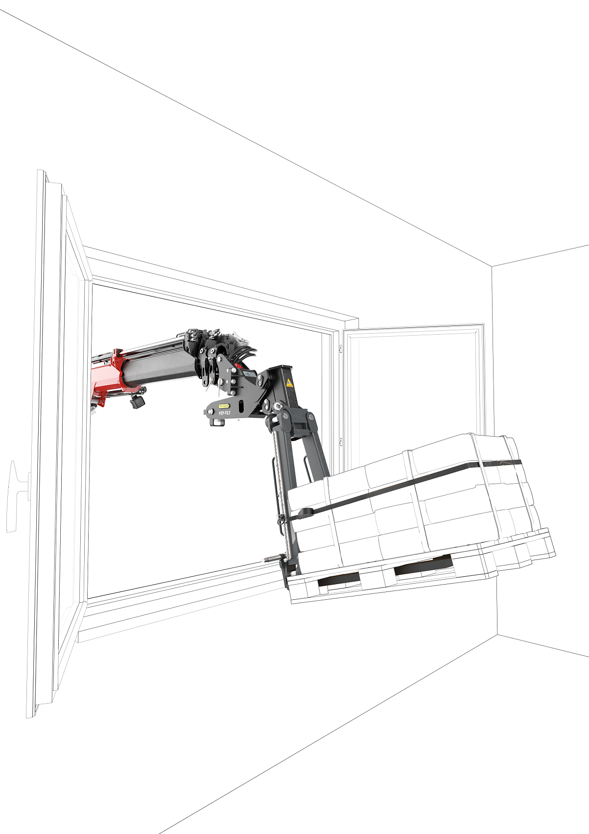 Die neue kippbare Krangabel von PALFINGER in Aktion. Seit Jänner 2025 ist die innovative Lösung für alle TEC-Ladekran-Modelle mit PALTRONIC 180 erhältlich. 